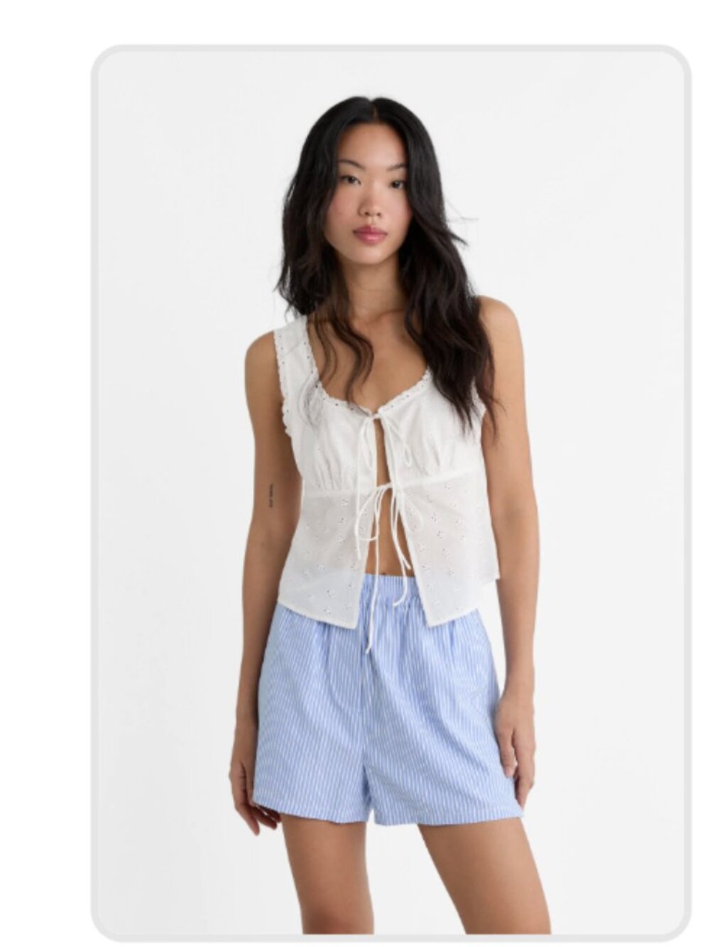 Stradivarius White Eyelet Lace Tie Up Blouse